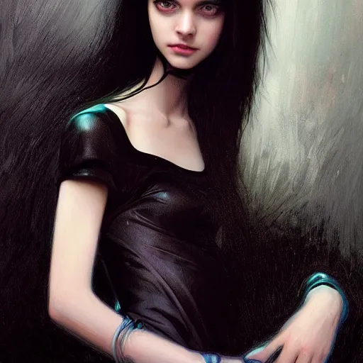 Prompt: portrait of teenage girl with glossy black hair, blue eyes, glowing porcelain skin, fashion model features, dark fantasy, academia, intricate, elegant, black dress, highly detailed, digital painting, artstation, concept art, smooth, sharp focus, illustration, art by Krenz Cushart and Artem Demura and alphonse mucha