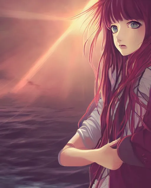 Image similar to a portrait of a teenage girl on a haunted ghost ship, full shot, very anime, digital art, great use of line work and color, captures emotion and movement, fantastic lighting and shading, flawless composition, dynamic, detailed face, smooth