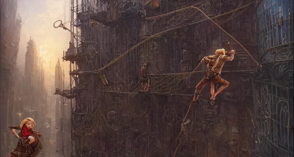 Image similar to landscape painting of a blonde boy thief in leathers using a rope to climb a tall metal steampunk buildings within a fantasy city with bridges, fine details, andreas rocha, magali villeneuve, artgerm, rutkowski