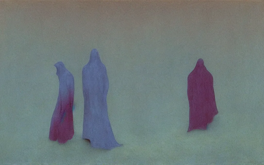 Image similar to colorized movie still from The Cabinet of Doctor Caligari: a ghost walking alone at night in the woods, oil painting by zdzisław beksiński, iridescent color palette chromatic aberration