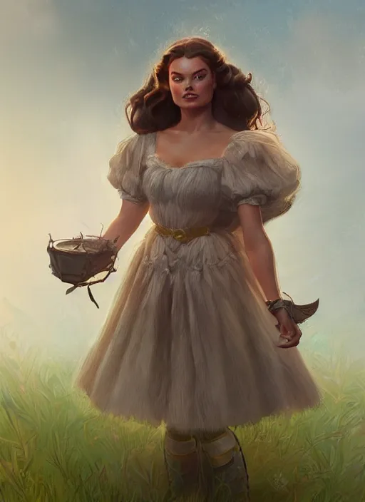 Image similar to beautiful female dorothy gale, margot robbie as dorothy, full body character concept, armor, super powers, fantasy, intricate, elegant, highly detailed, digital painting, artstation, concept art, shining, sharp focus, illustration, art by stanley lau