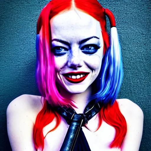 Prompt: Full-body portrait of Emma Stone as sexy Harley Quinn, grungy, unkept hair, glowing eyes, modelsociety, radiant skin, huge anime eyes, RTX on, perfect face, intricate, Sony a7R IV, symmetric balance, polarizing filter, Photolab, Lightroom, 4K, Dolby Vision, Photography Award