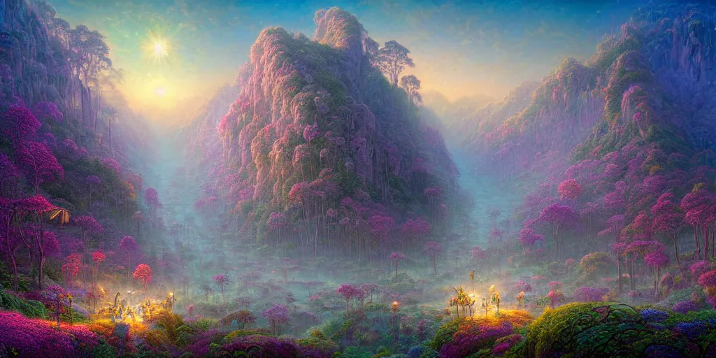 Prompt: intricate detailed misty valley fantasy at dawn. Lisa Frank, james gurney,dan luvisi,Petros Afshar,tim hildebrandt,liam wong,Mark Riddick,thomas kinkade,ernst haeckel,dan mumford,trending on artstation,josephine wall, WLOP ,cgsociety by Gediminas Pranckevicius, trending on cgsociety and DeviantArt