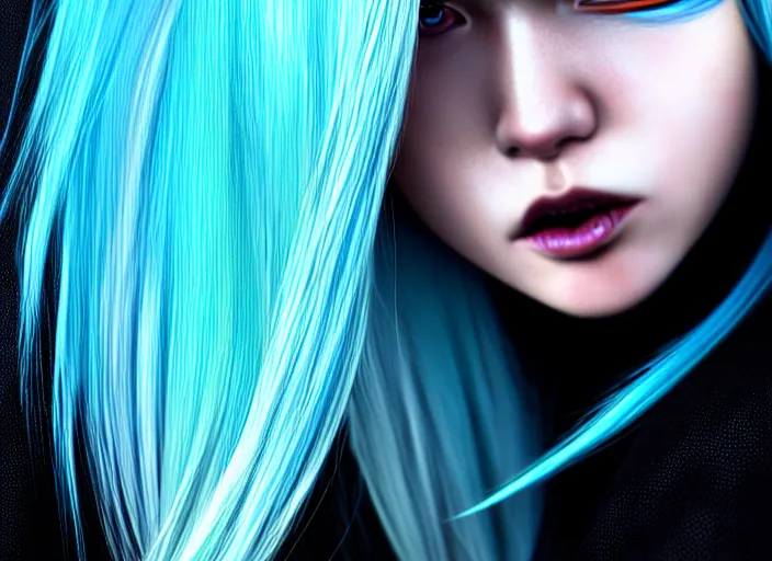 Image similar to full face shot of rimuru tempest, sky blue straight hair, long bangs, with amber eyes, wearing a black jacket, high collar, ultra detailed, concept art, award winning photography, digital painting, cinematic, wlop artstation, closeup, pixiv, evil, yoshitaka amano, andy warhol, ilya kuvshinov,