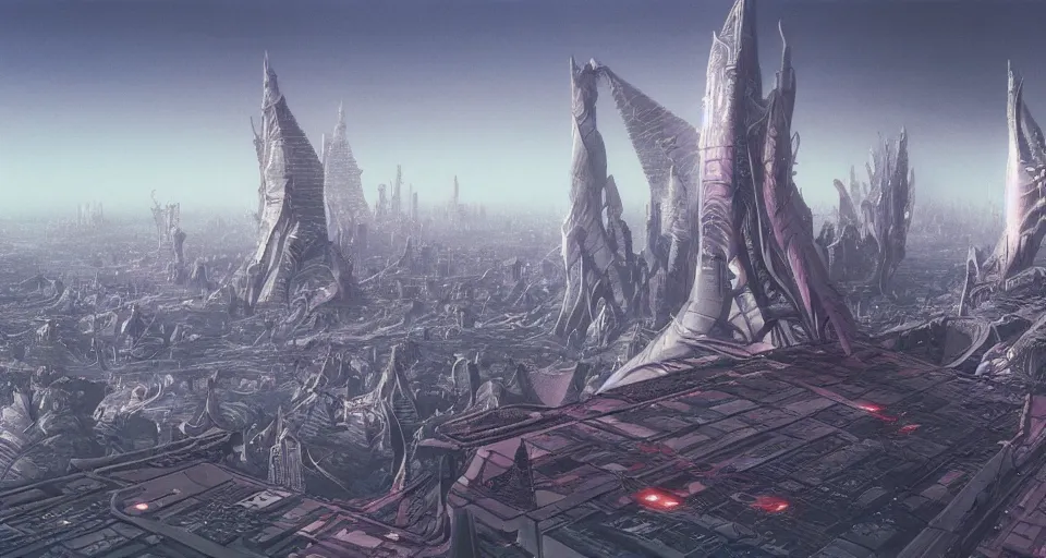 Image similar to view on futuristic city in the horizon, illustration by wayne barlowe, detailed, sharp, 8 k