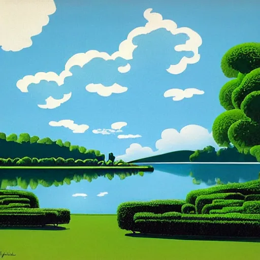 Prompt: summer in cabana close to a dam, row of stratocumulus clouds in the blue sky, the gardens and trees are beautiful by eyvind earle