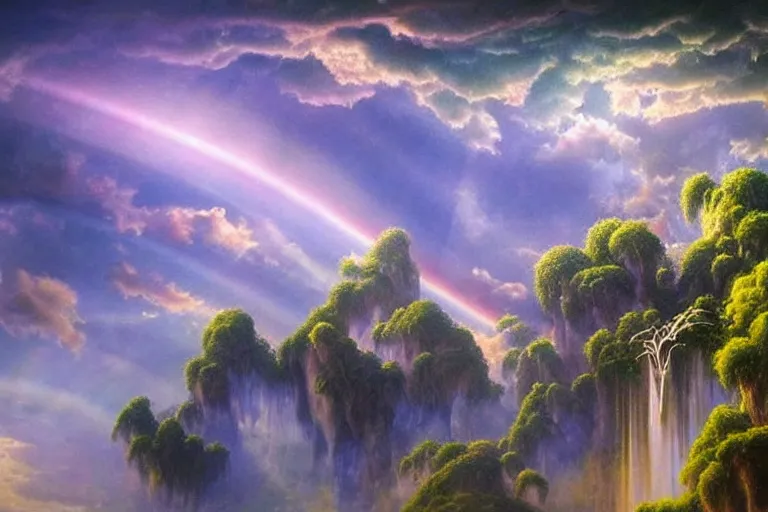 Image similar to a huge ultra detailed flock of many smooth puffy sculptural whirling elegant clouds with turning gemstone crystal sculptures, art nouveau jungle environment, soothing, crepuscular rays, rainbows, award winning art, epic dreamlike fantasy landscape, ultra realistic,