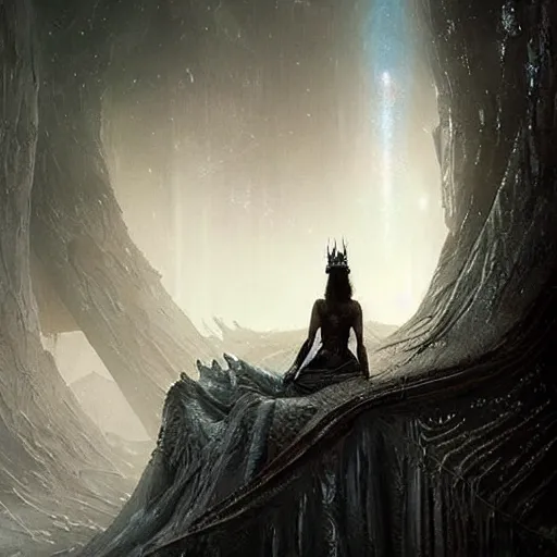 Prompt: of a beautiful black haired woman with pale skin and a crown on her head sitted on an intricate metal throne in eerie atmospheric alien worlds, epic cinematic matte painting, art by greg rutkowski