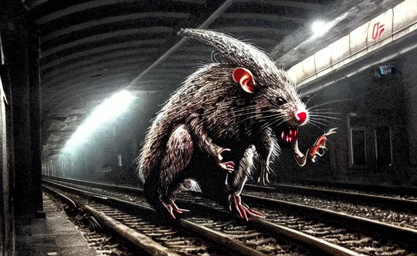 Image similar to very large giant mutant zombie irradiated ( angry rat ) staying on railways in tonnel of moscow subway. tonnel, railways, giant angry rat, furr, fangs, claws, very realistic. fog, extreme long shot, herman nitsch, giger.