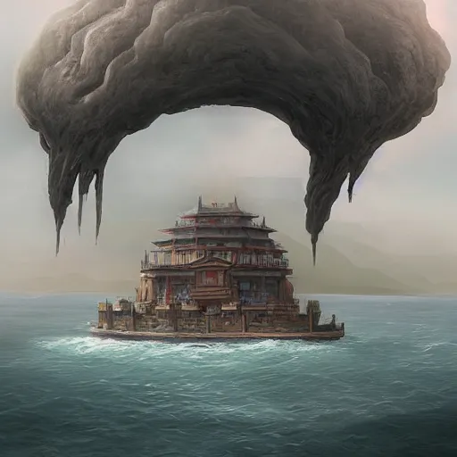 Prompt: beautiful matte painting of floating fort, mai anh tran,