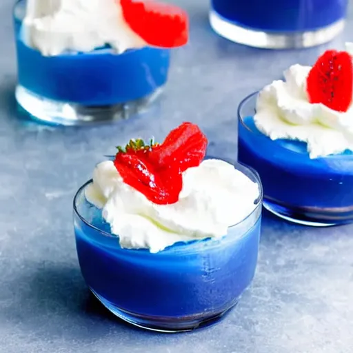 Prompt: a glass of delicious blue jello topped with whipped cream, cookbook photo