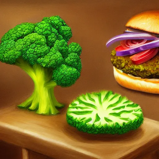 Image similar to a cat eats a multilayer vegetarian broccoli burger, highly detailed, digital painting, sharp focus, fantasy art