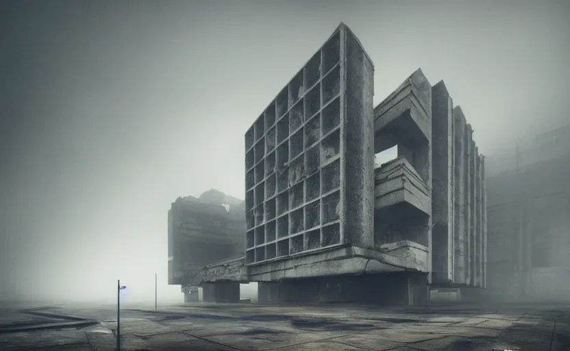 Image similar to Brutalist architecture buildings, gloomy and foggy atmosphere, octane render, artstation trending, horror scene, highly detailded