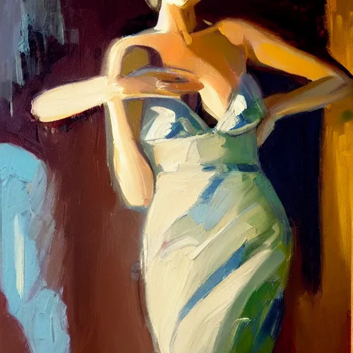 Prompt: an oil on canvas painting of a beautiful feminine woman from the 60's, leaning against the wall, living room, figurative art, studio portrait, detailed, dramatic lighting, beautiful facedeviantart, cgsociety, chiaroscuro, acrylic art, by Elmer Bischoff, by Michael Garmash