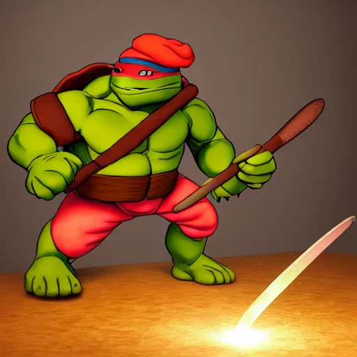 Image similar to michelangelo from tmnt with frying pan, wearing cooking toque, frying nails, volumetric lighting, realistic, photo, artstation