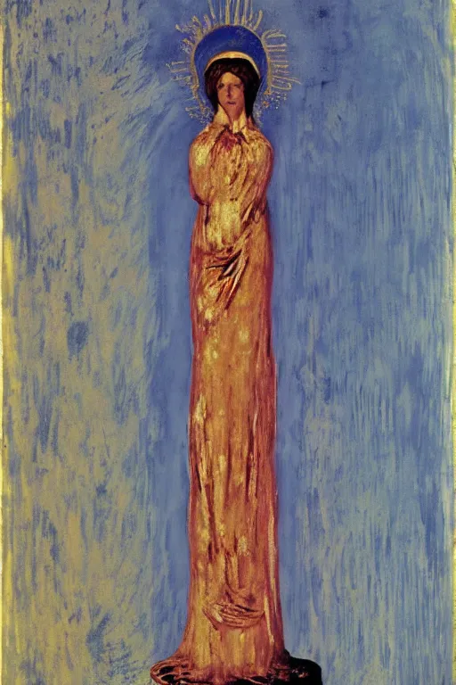 Image similar to virgin mary of lourdes painted by cy twombly and andy warhol