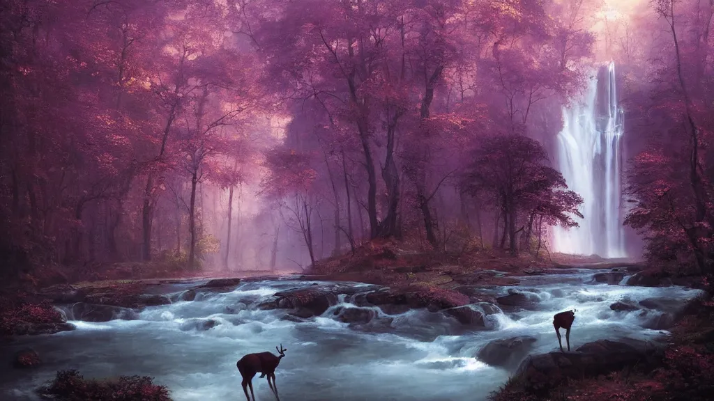 Prompt: the most beautiful panoramic landscape, oil painting, where a giant dreamy waterfall creates a river, the trees around are starting to bloom in purple colors, a majestic deer is in close - up and it is exhaling steam, the ray lights of the sunrise are brightening him, by greg rutkowski