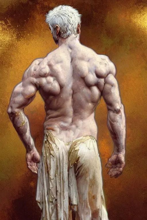 Prompt: painted back portrait of rugged zeus greek god by greg rutkowski craig mullins artgerm alphonse mucha, messy gold body paint over back and his arms, white hair handsome muscular upper body mature warm tone bulging bubble flowing robe [ ancient greek motifs ] background fantasy intricate elegant detailed digital painting concept art artstation sharp focus illustration