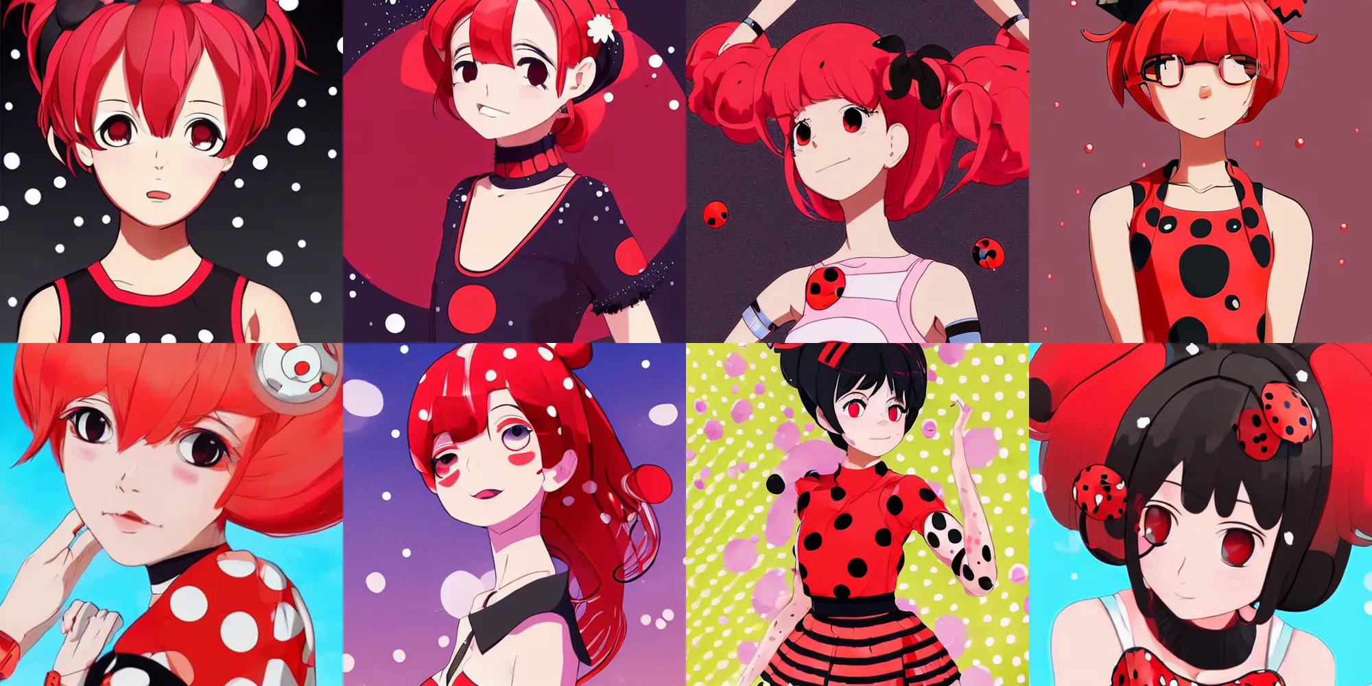 Prompt: portrait of a ladybug gijinka with red hair and space buns wearing a polka dot top and black skirt in the style of mika pikazo and ilya kuvshinov, anime key visual, digital art