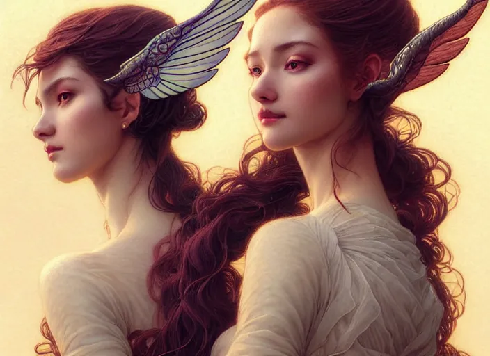 Image similar to portrait of 3 women with flowy hair, wings, confident pose, pixie, genshin impact, intricate, elegant, sharp focus, soft bokeh, illustration, highly detailed, concept art, matte, trending on artstation, bright colors, art by wlop and artgerm and greg rutkowski, mucha, giger, marvel comics