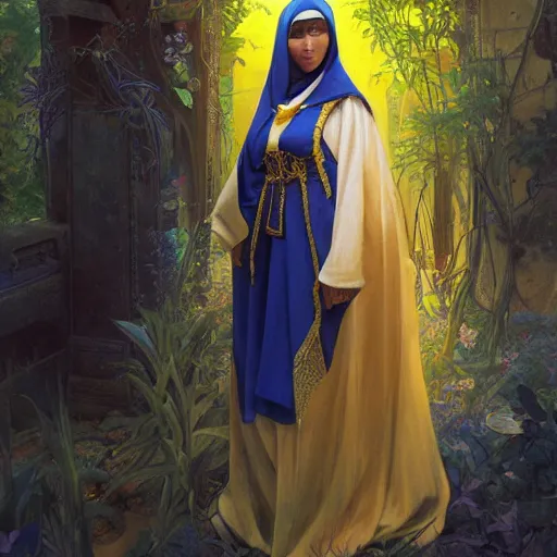 Prompt: portrait of a middle - eastern female cleric with straight black hair wearing blue and yellow vestments in an underground garden, fantasy, highly detailed, digital painting, artstation, concept art, character art, art by greg rutkowski and tyler jacobson and alphonse mucha