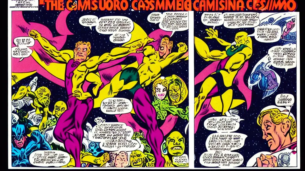 Prompt: the cosmos by Steve Ditko and P. Craig Russell, in color