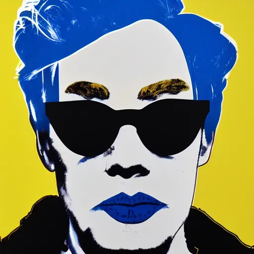 Prompt: color portrait of angry andy warhol looking sternly into the camera and wearing designer sun glasses, in the style of andy warhol, high quality, trending on artstation, hd