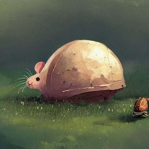 Prompt: tiny mouse riding a large snail across a field, painting by ismail inceoglu,