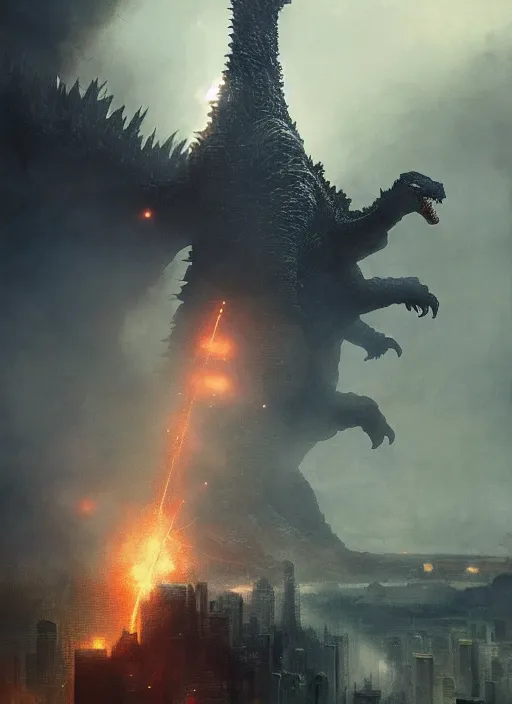 Image similar to Godzilla approaching a city, highly detailed, digital painting, artstation, concept art, sharp focus, illustration, art by greg rutkowski and alphonse mucha