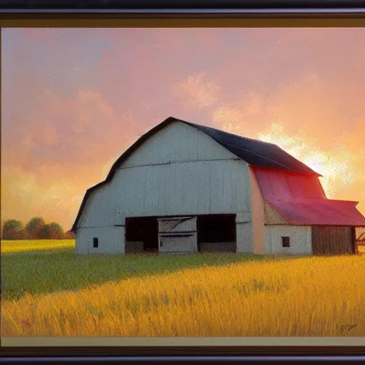 Prompt: a beautiful wheat field with a barn, with beautiful large fluffy pink clouds illuminated by the sun, in the style of craig mullins