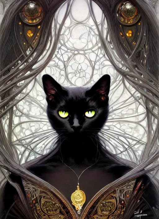 Image similar to black cat with white spots taking shelter from rain, fantasy, intricate, elegant, hyper detailed, ultra definition, photoreal, artstation, unreal engine rendered, concept art, smooth, sharp focus, illustration, art by artgerm and greg rutkowski and alphonse mucha and garis edelweiss