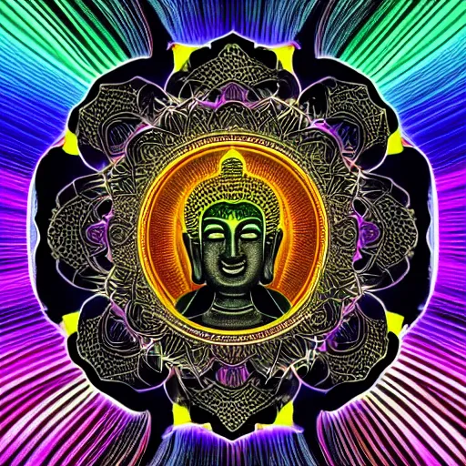 Image similar to rainbowcore, black buddha glowing, surrounded by lotus, with the sun shining with the moon, with detailed mandala filled with fractals, bioluminescence, glowing runes, de-noise, symmetrical composition, high detailed +, ornate border, 32k