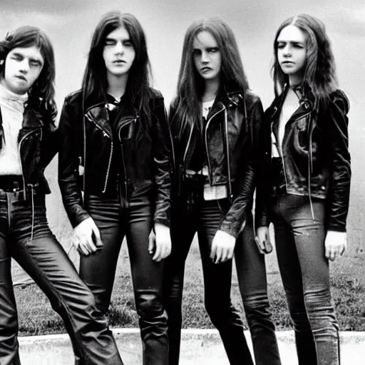 Prompt: group of 1 9 - year - old girls wearing black leather jackets and denim jeans, long wavy hair, proto - metal band promo, band promo, hard rock band, 1 9 7 0 photograph