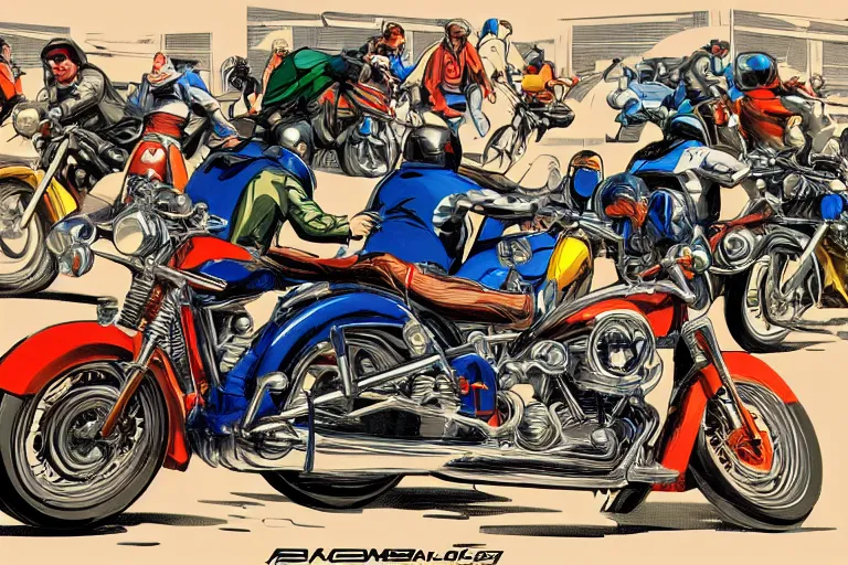 Image similar to motorcycles outside of bar roadside illustration by jack kirby in the style of syd mead artstation 4 k 8 k graphic novel concept art matte painting