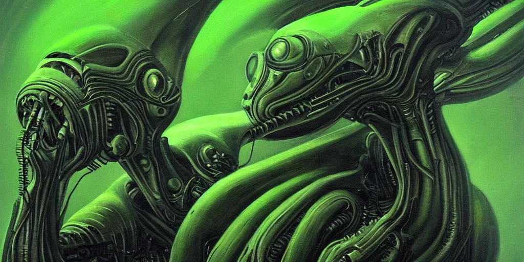 Image similar to a painting of a alien creature with a green background, an ultrafine detailed painting by h. r. giger, artstation, space art, reimagined by industrial light and magic, # vfxfriday, cosmic horror