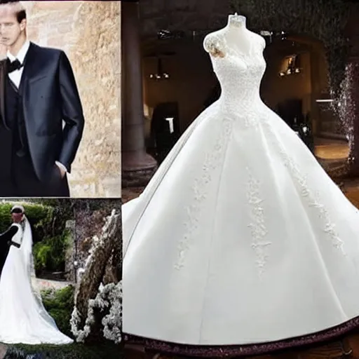 Image similar to a pauper collé of wedding dresses and tuxedos