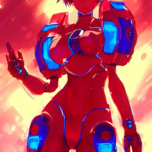 Image similar to digital anime art, cute girl, red mech arms and red mech legs, blue watery eyes!!!, gold short hair!!!, red bikini, full body!!!, wlop, rossdraws