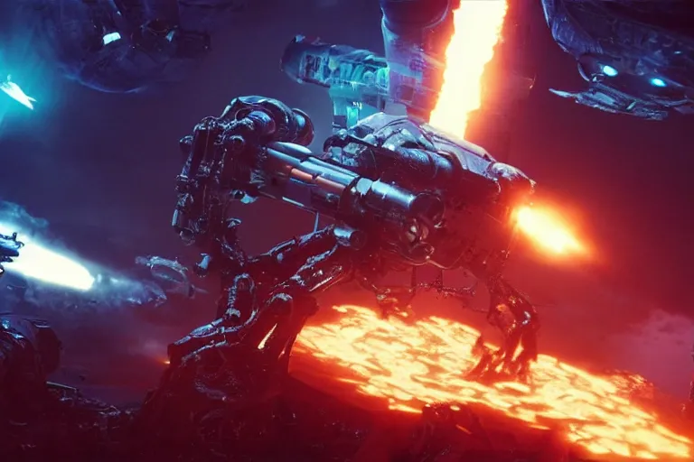 Image similar to VFX movie of a futuristic inhuman alien spacemarines in future spaceship, firing gun at space pirates detailed creature skin neon lighting combat by Michael Bay