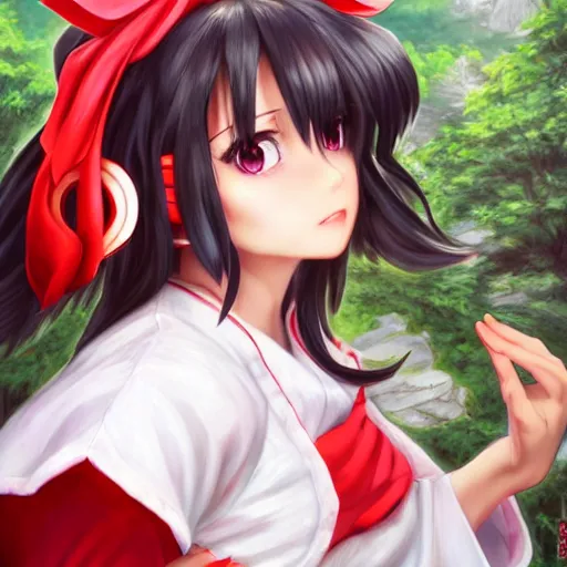 Image similar to reimu hakurei, shrine maiden from touhou, matte painting by artgerm, artstation, beautiful, perfect face