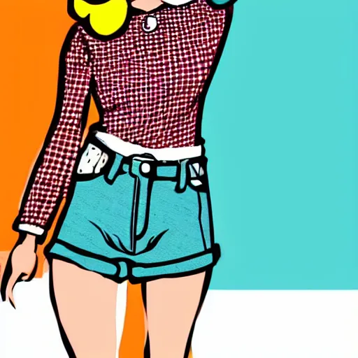 Prompt: 6 0 s style cartoon art cute girl wearing plaid shirt and jean shorts, she is grinning