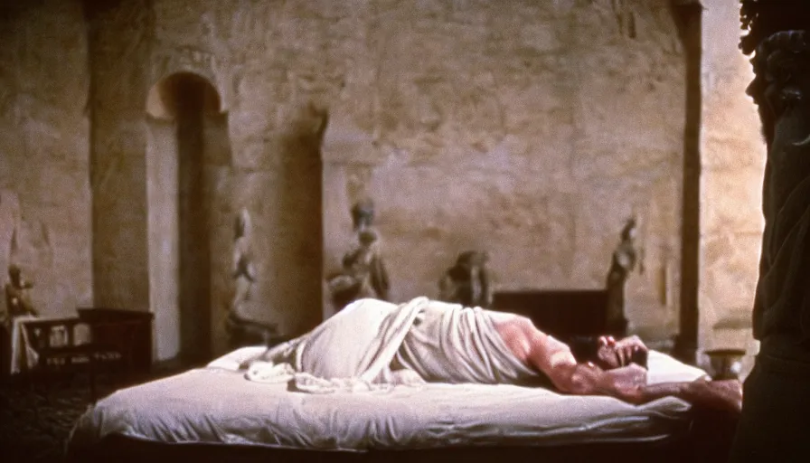 Image similar to 1 9 7 0 s movie still of the marcus aurelius'death on his bed in a ancient palace, cinestill 8 0 0 t 3 5 mm, high quality, heavy grain, high detail, cinematic composition, dramatic light, anamorphic, ultra wide lens, hyperrealistic