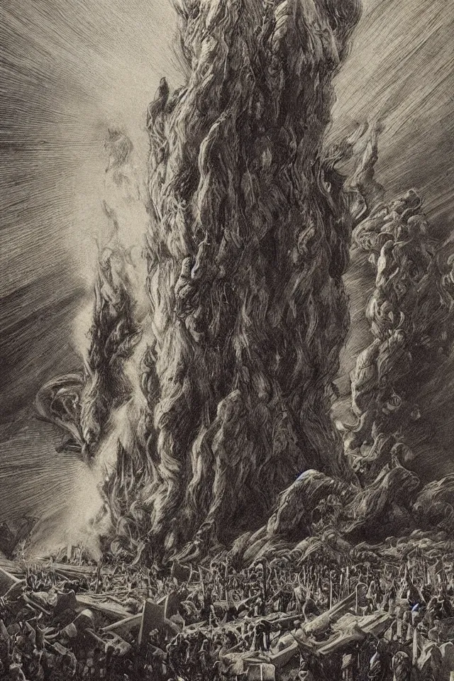 Image similar to artwork by Franklin Booth showing the fall of the tower of Babylon, explosion, smoke, moonshine