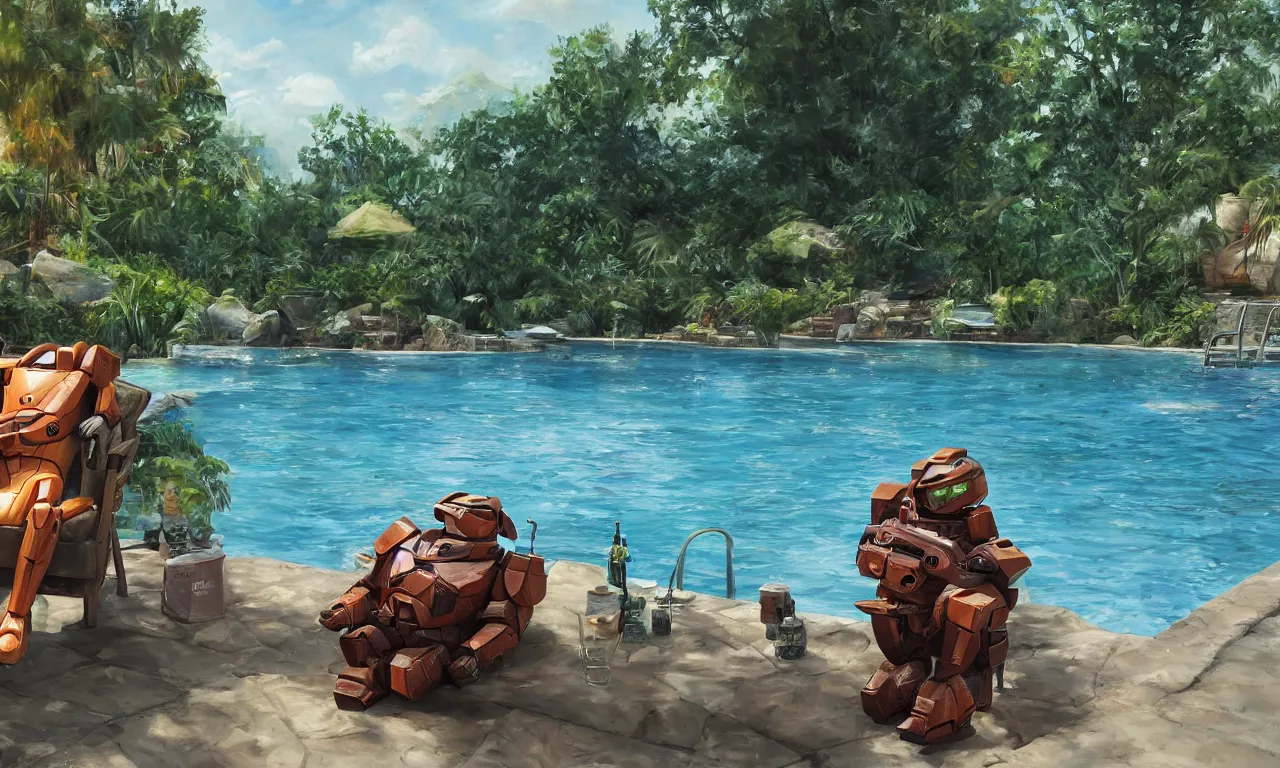 Prompt: a cg painting of masterchief enjoying a relaxing summers day by the pool