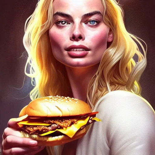 Image similar to portrait of a Margot Robbie eating a hamburger, extra onions and ketchup, luscious patty with sesame seeds, masculine, handsome, D&D, fantasy, intricate, elegant, highly detailed, digital painting, artstation, concept art, matte, sharp focus, illustration, art by Artgerm and Greg Rutkowski and Alphonse Mucha