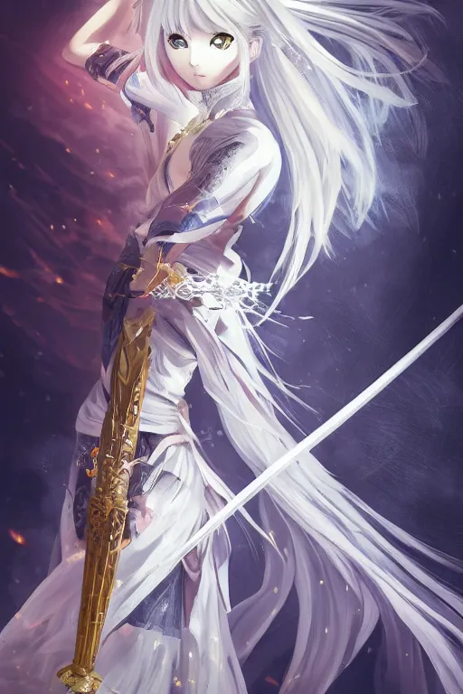 Image similar to white-haired anime girl warrior in a dress with a katana surrounded by golden swirling clouds, intricate linework, detailed, artstation, cinematic, dramatic, atmopsheric, style of En Jia, 8k