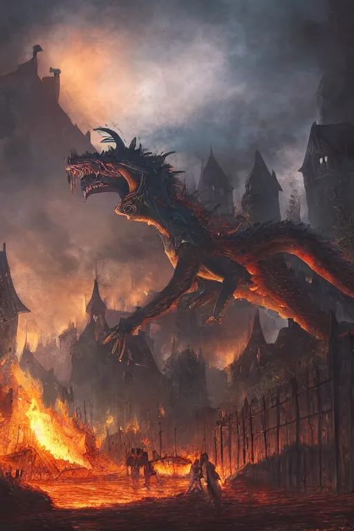 Prompt: a medieval village being attacked by a giant fire dragon, digital art, high quality, 4k HDR, concept art, trending on DeviantArt, highly detailed, tarot card, fantasy style, dramatic lighting, cinematic, path tracing