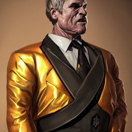 Image similar to a painted portrait of a middle-aged man in a golden suit, D&D, sci-fi, elegant, hopeful, muscular, highly detailed, digital painting, artstation, concept art, smooth, sharp focus, illustration