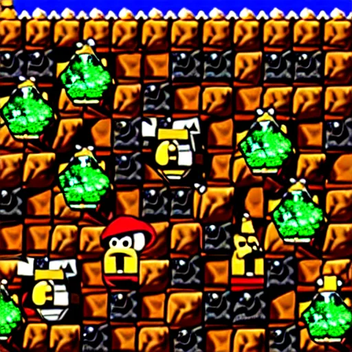 Image similar to Donkey Kong Country level depicting a beautiful mine with shiny crystals on the wall, floating barrels and minecarts. In-game screenshot