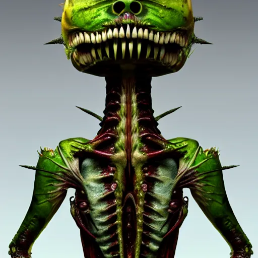 Prompt: skin concept venus flytrap, full length profile full face, full length portrait, full - length photo upper and lower body, t - pose, wide angle, alien, biopunk, plant predator, predator, teeth, many details, guyver style, 3 d, cinematic, hyper realism, high detail, octane render, art by hans giger