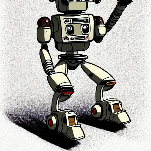 Image similar to a study of cell shaded cartoon of a robot dancing on a desert road, full body, wide shot, very muted colors, post grunge, studio ghibli, laurie greasley, highly detailed, deviantart, art by artgem